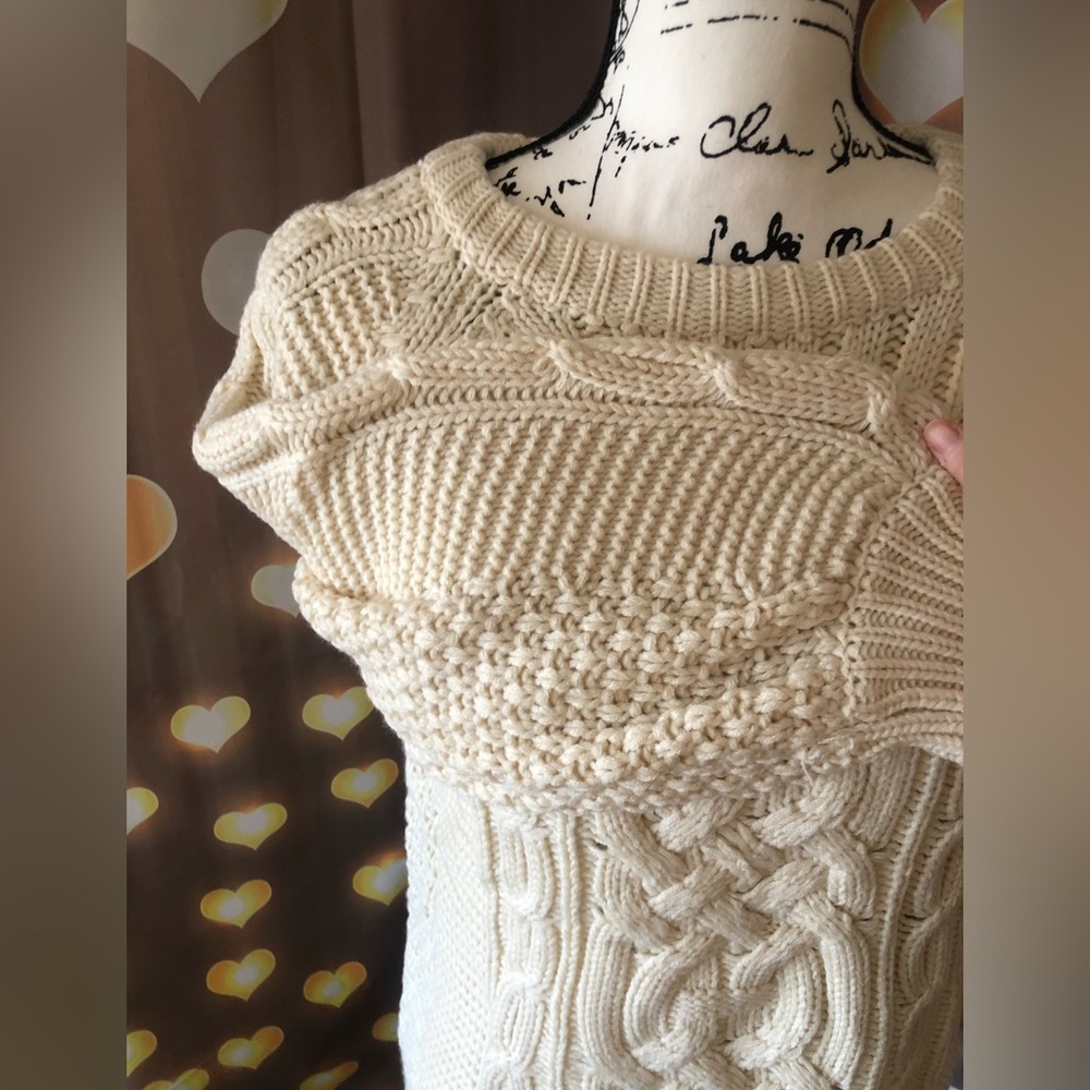 Sweater cable knit lantern sleeve cream beige womens long sleeve top - Picture 8 of 10